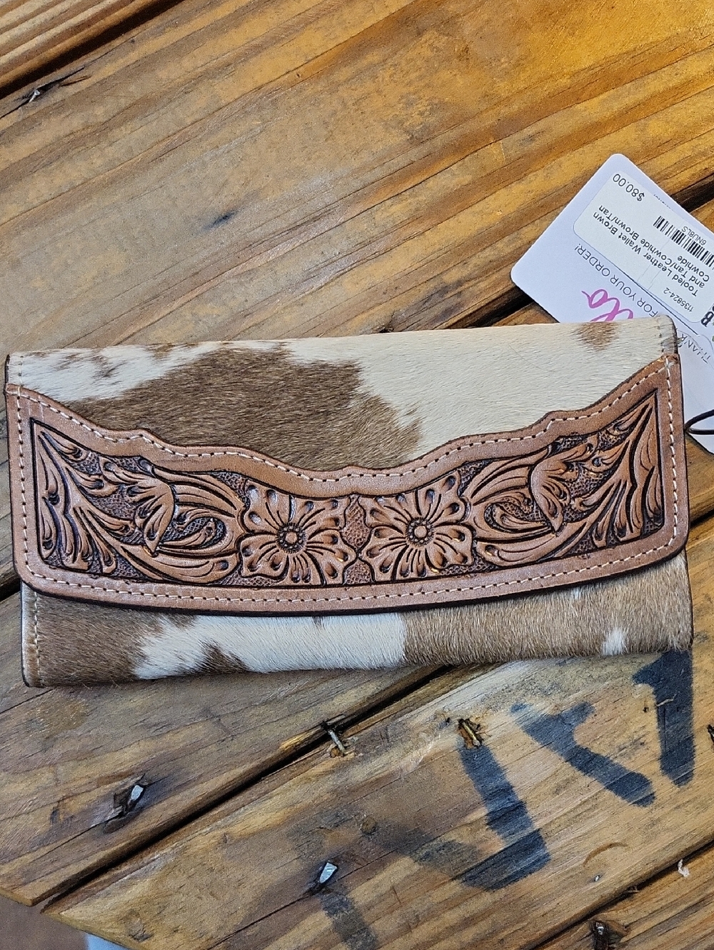 Tooled Floral Cowhide Fold-Over Wallet - Brown/White